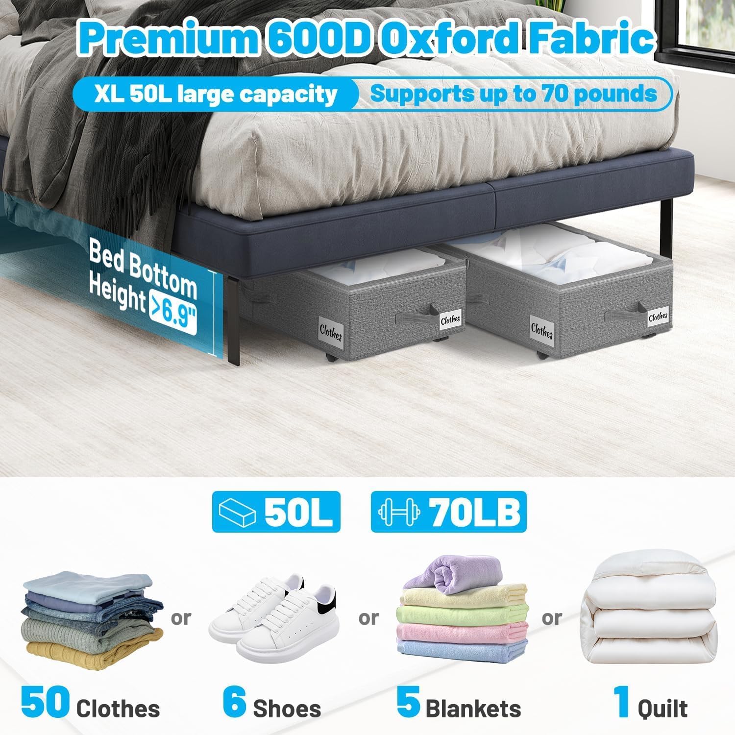 2 Pack Under Bed Storage with Wheels 6.7" Height, Rolling Storage Bins XL 50L, Underbed Shoe Storage Containers with Label & Clear Lid, Dorm Under bed Drawers for Clothes, Shoes, Quick Assembly, Grey