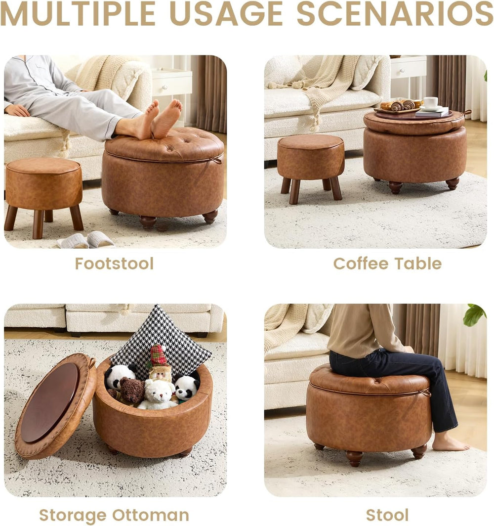 24Inch Round Storage Ottoman, Set of 2, Modern PU Leather Coffee Table with R...