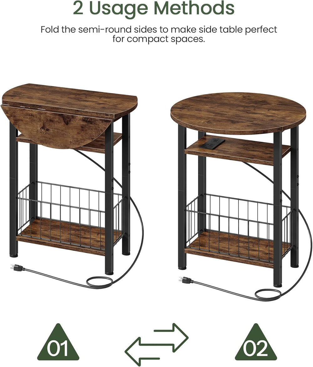 Folding Side Table with Charging Station, 3-Tier Narrow End Couch Table with ...