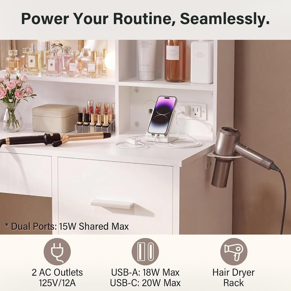 YESHOMY 39 Inch Vanity Desk with Mirror and LED Lights, Modern White | Makeup...