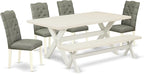 East West Furniture X027EL207-6 6 Piece Dining Set Contains a Rectangle Dining Room Table with X-Legs and 4 Gray Linen Fabric Parson Chairs with a Bench, 40x72 Inch, Multi-Color
