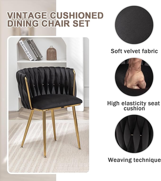 Velvet Dining Chairs Set of 4, Modern Upholstered Woven Dining Chairs with Go...
