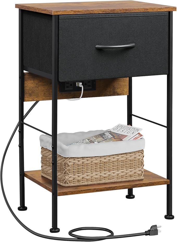 WLIVE Nightstand with Charging Station, Night Stand with 1 Fabric Drawer and ...