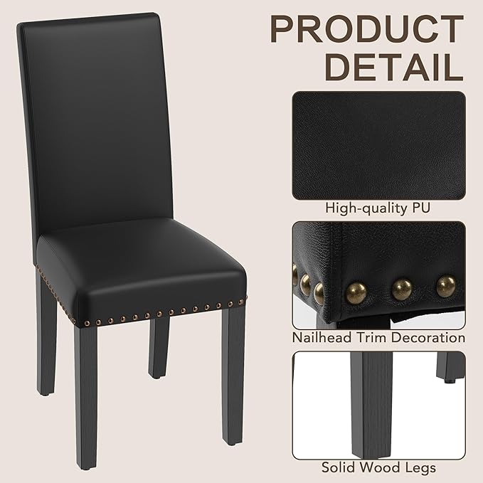 LSSBOUGHT Dining Chairs Set of 6, Modern Dining Room Chair,Upholstered Pu Leather Kitchen Chair with Vintage Copper Nail for Restaurant & Cafe(Black,6pcs)