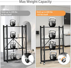4 Tier Foldable Storage Shelf with Wheels, Heavy Duty Folding Shelf Loads 600 LBS, Metal Steel Collapsible Shelves, Rolling Standing Utility Rack for Kitchen, Pantry, Office, Black