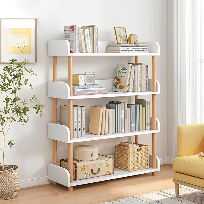 4-Tier Wooden Open Bookcase - Modern Display Bookshelf with Side Panels and S...