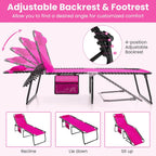 GYMAX Lounge Chairs for Outside, Extra High Folding Beach Tanning Lounger with 4-Level Adjustable Backrest, 2-Level Footrest & Removable Pillow, Sunbathing Lounge for Patio, Lawn, Poolside (1, Pink)