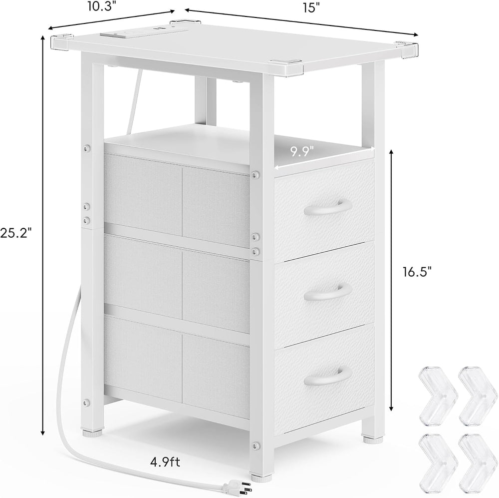Vagusicc White End Table with Charging Station, Narrow Side Table, Narrow Nig...
