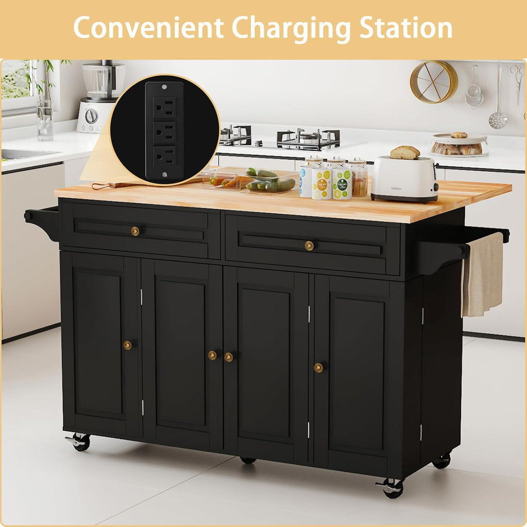 59’’ Rolling Kitchen Island Cart with Drop Leaf and Power Outlet, Movable Kitchen Islands with 3-Tier Door Storage Shelf, Island Table on Wheels, 2 Large Drawers, Towel Racks, Black