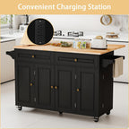 59’’ Rolling Kitchen Island Cart with Drop Leaf and Power Outlet, Movable Kitchen Islands with 3-Tier Door Storage Shelf, Island Table on Wheels, 2 Large Drawers, Towel Racks, Black