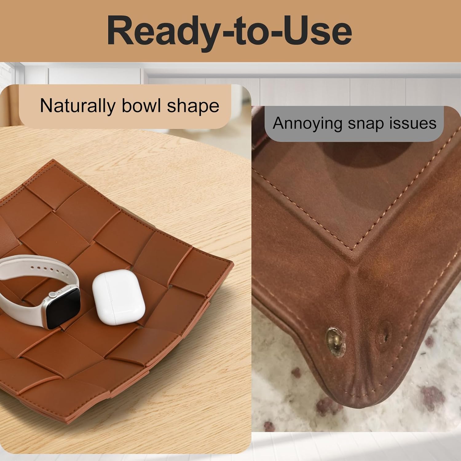 Valet Tray PU Leather Key Holder Bowl for Men Entryway Table Nightstand Desk Tray for Wallet, Keys Men's Gift - Brown & Black, 9.8" L x 9.8" W x 2" H