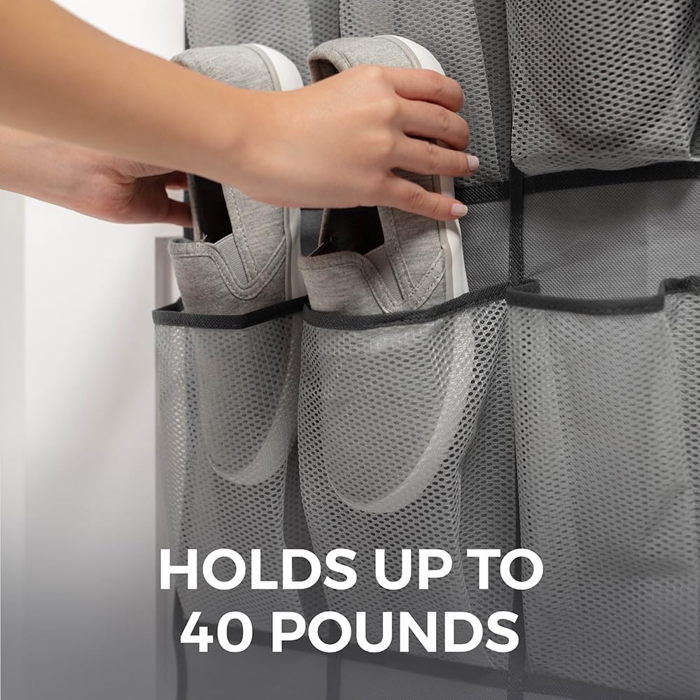 Over the Door Hanging Shoe Organizer, 24 Breathable Mesh Pockets, Closet Rack Storage Holder, Stay in Place Hooks Hang on Closets, Hanger Holds Up to 40 lbs for Shoes, Accessories, Gray
