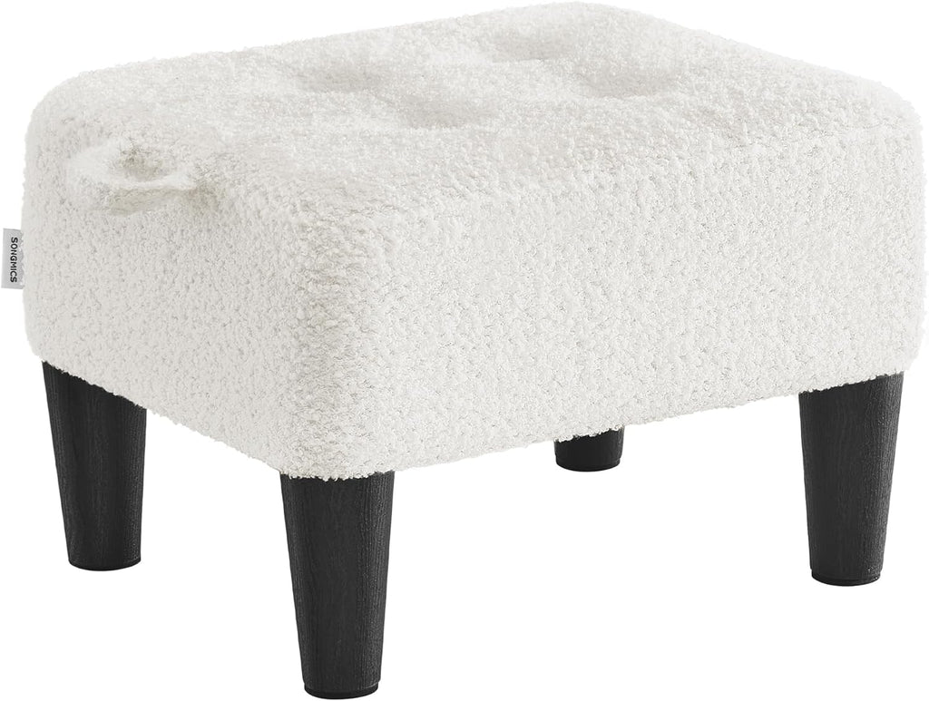 SONGMICS Foot Stool, Small Teddy Fleece Footstool Ottoman with Thick Cushion and Legs, for Living Room, Bedroom, Entryway, 330 lb Weight Capacity, Cream White and Ink Black ULOM503WD01