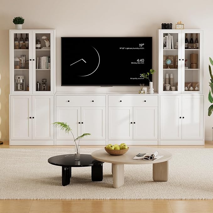 TUSY 71" TV Stand Storage Set - 2 Tall Bookcases & 2 Side Cabinets, Media Console with Glass & Wood Doors, Entertainment Center with Drawers, Tall Media Console for Living Room (White, AEEA)