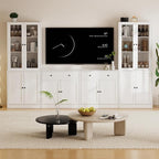 TUSY 71" TV Stand Storage Set - 2 Tall Bookcases & 2 Side Cabinets, Media Console with Glass & Wood Doors, Entertainment Center with Drawers, Tall Media Console for Living Room (White, AEEA)