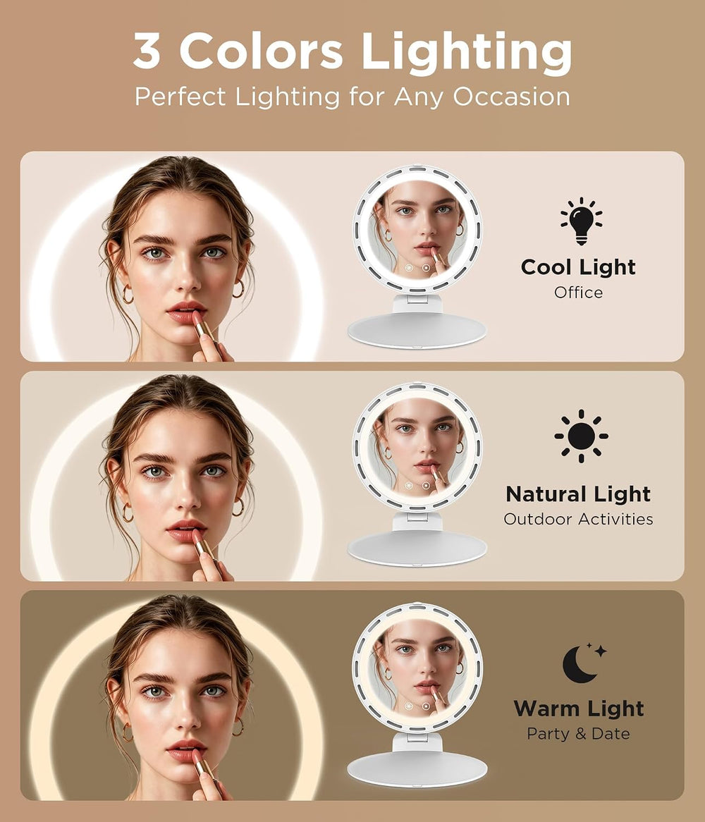 Travel Makeup Mirror with Fan, Rechargeable, 3 Color Dimmable Lighting