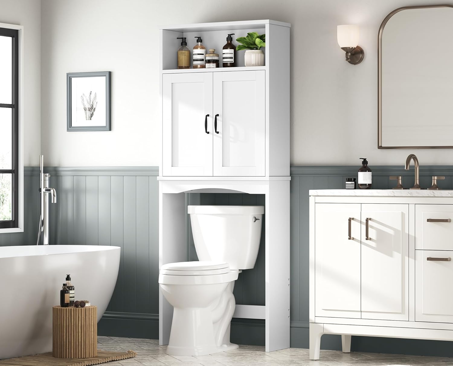 Over The Toilet Storage Cabinet, Over Toilet Storage Bathroom Organizer with Inner Adjustable Shelf and Top Open Storage Above The Toilet Storage Cabinet Behind Toilet Bathroom Cabinet, White