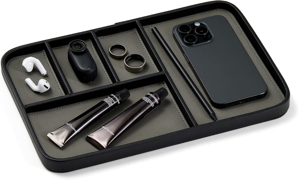 Nordik Leather Valet Tray - Large EDC Tray - Pebble Black (11.8 x 7.9 in) | Premium Vegan Leather with Two-Toned Design, Includes Five Compartments, Giftable, Catchall Tray for Keys Watch and Jewellery