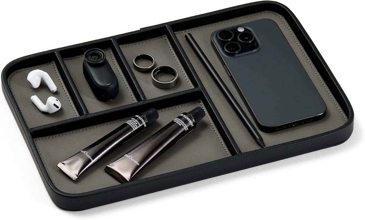 Nordik Leather Valet Tray - Large EDC Tray - Pebble Black (11.8 x 7.9 in) | Premium Vegan Leather with Two-Toned Design, Includes Five Compartments, Giftable, Catchall Tray for Keys Watch and Jewellery