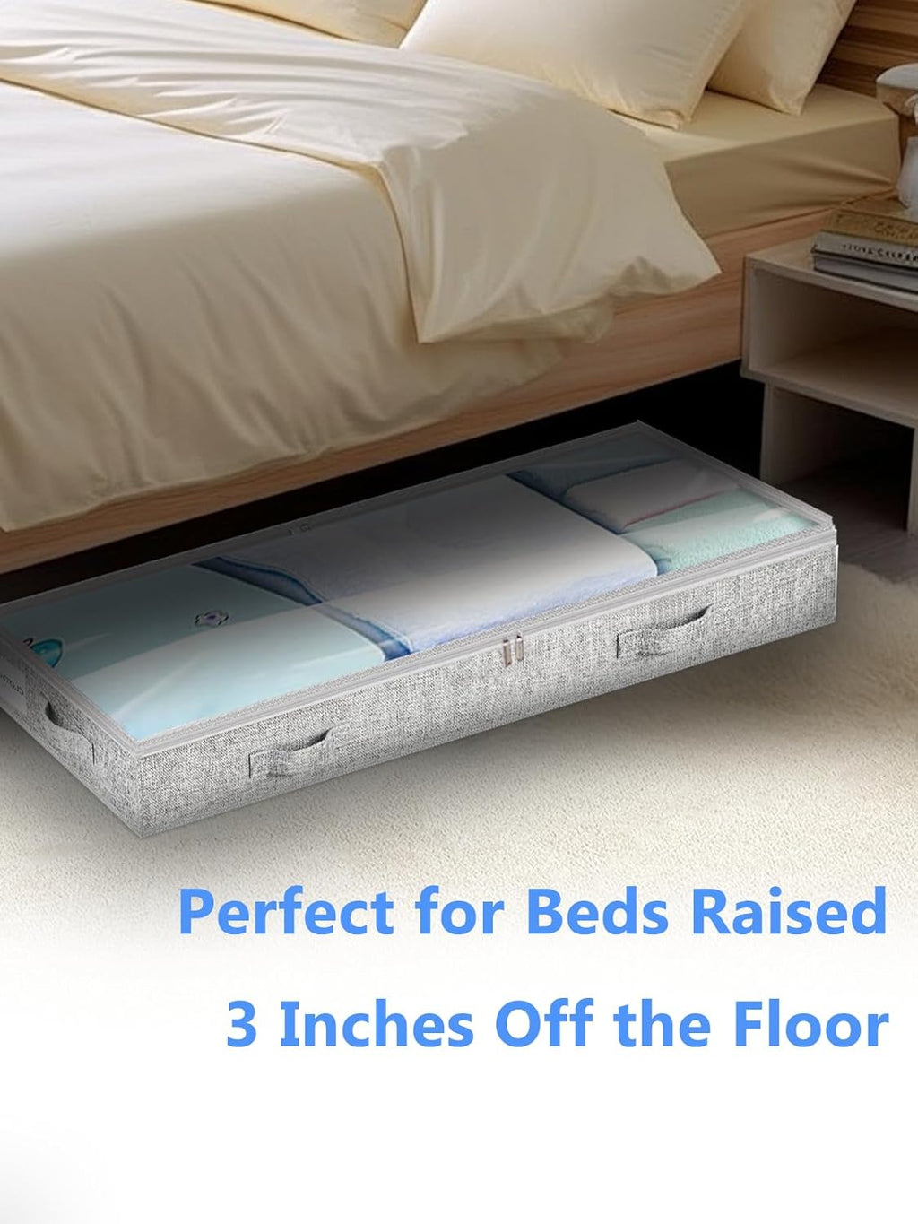 Low Profile Under Bed Storage, 3-Inch High Foldable Underbed Storage Bins with Lid & Zipper, No Structure, Super Slim Clothes Organizer for Crib Dorm Couch Low Bed, 8-Pack, Clear Top