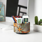 lizimandu Round Leather Art Supply Organizer,Remote Control Holder,360 Degree Rotating,Multi-Functional Pencil Holder,4 Compartments Desktop Stationary Organizer(1-Orange Flower)
