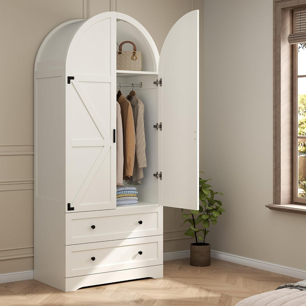 Gyfimoie White Armoire Wardrobe Closet with 2 Drawers, 74.8" Wooden Wardrobe with 2 Doors, Freestanding Closet Armoire Cabinet with Hanging Rack, Clothing Storage Cabinet for Bedroom (White)
