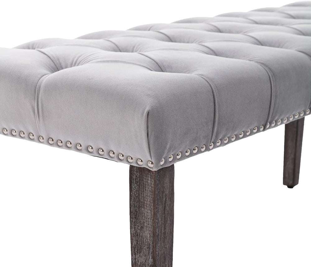 KCC Button-Tufted Ottoman Bench, Upholstered Velvet Bedroom Benches,Gray
