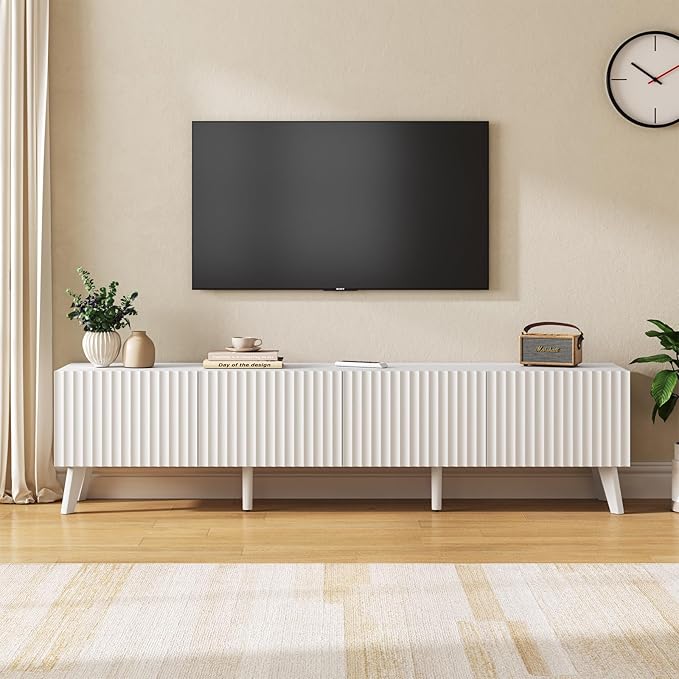 70.9” TV Stand for TVs up to 70,TV Console with Two Storage Compartments, Modern Entertainment Center with 6 Supporting Legs and Grooved Drawer Fronts, TV Stand for Living Room, Bedroom, White