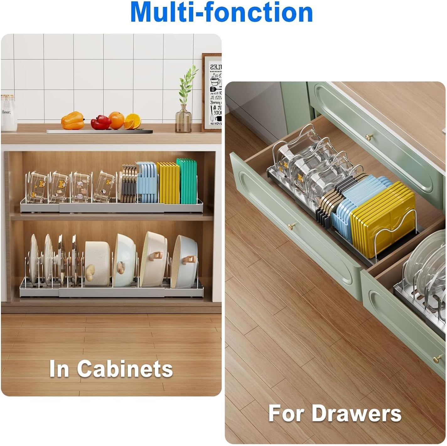 Pots and Pans Organizer Under Cabinet, 22" Expandable Food Storage Container Lid Organizers with 9 Adjustable Dividers Pot and Pan Lid Holders Rack Inside Cabinet/Countertop(1 Pack, Gray)