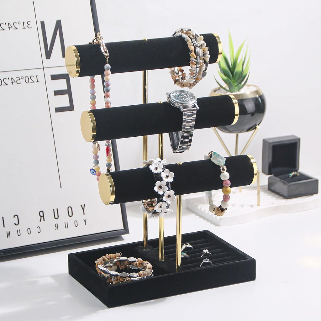 Bracelet Holder, 3 Tier Bracelet Display Holder, Detachable Velvet Jewelry Holder Organizer for Necklace, Watches, Bangle, Scrunchie (Black，3 Tier)