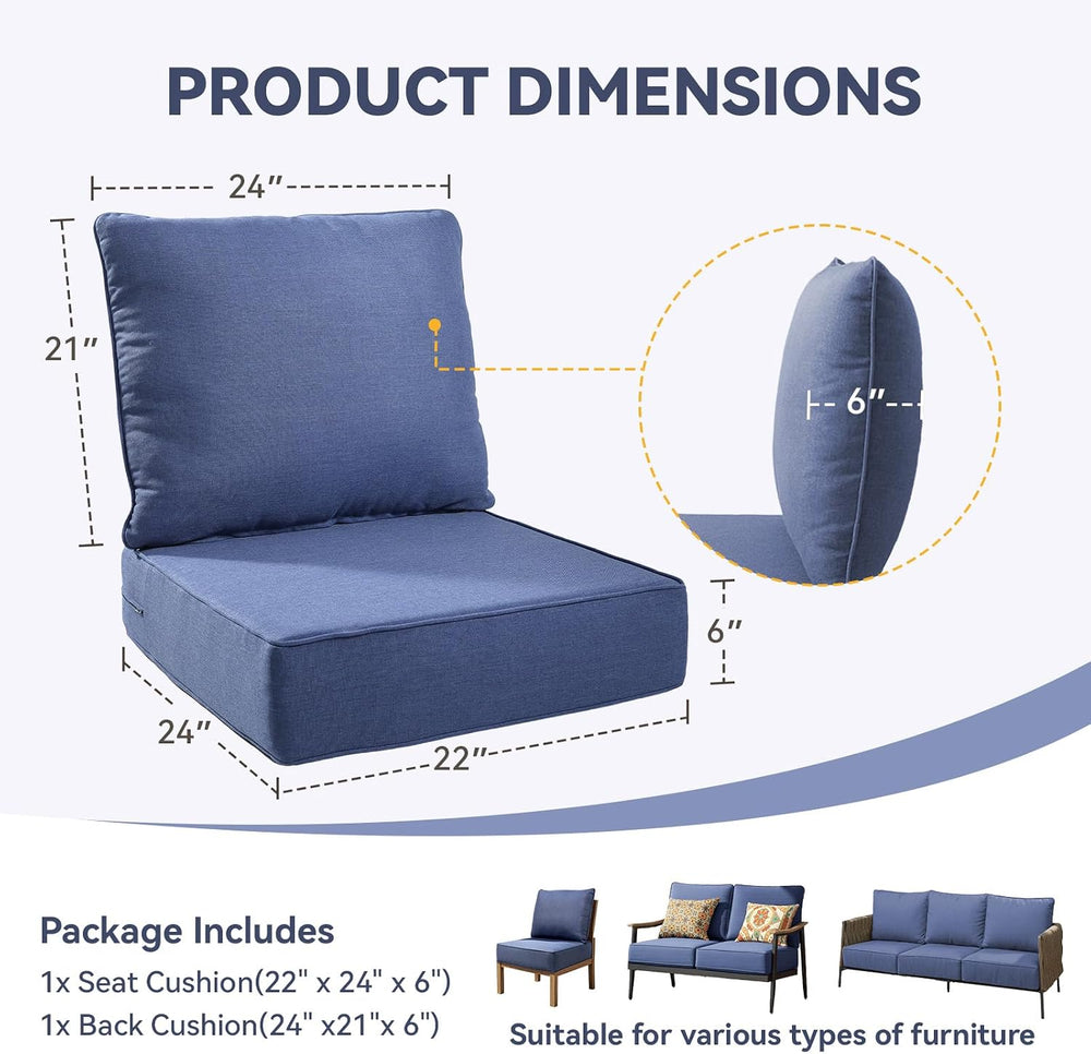 6" Thick Outdoor Chair Cushions - 22"* 24" Patio Furniture Cus...