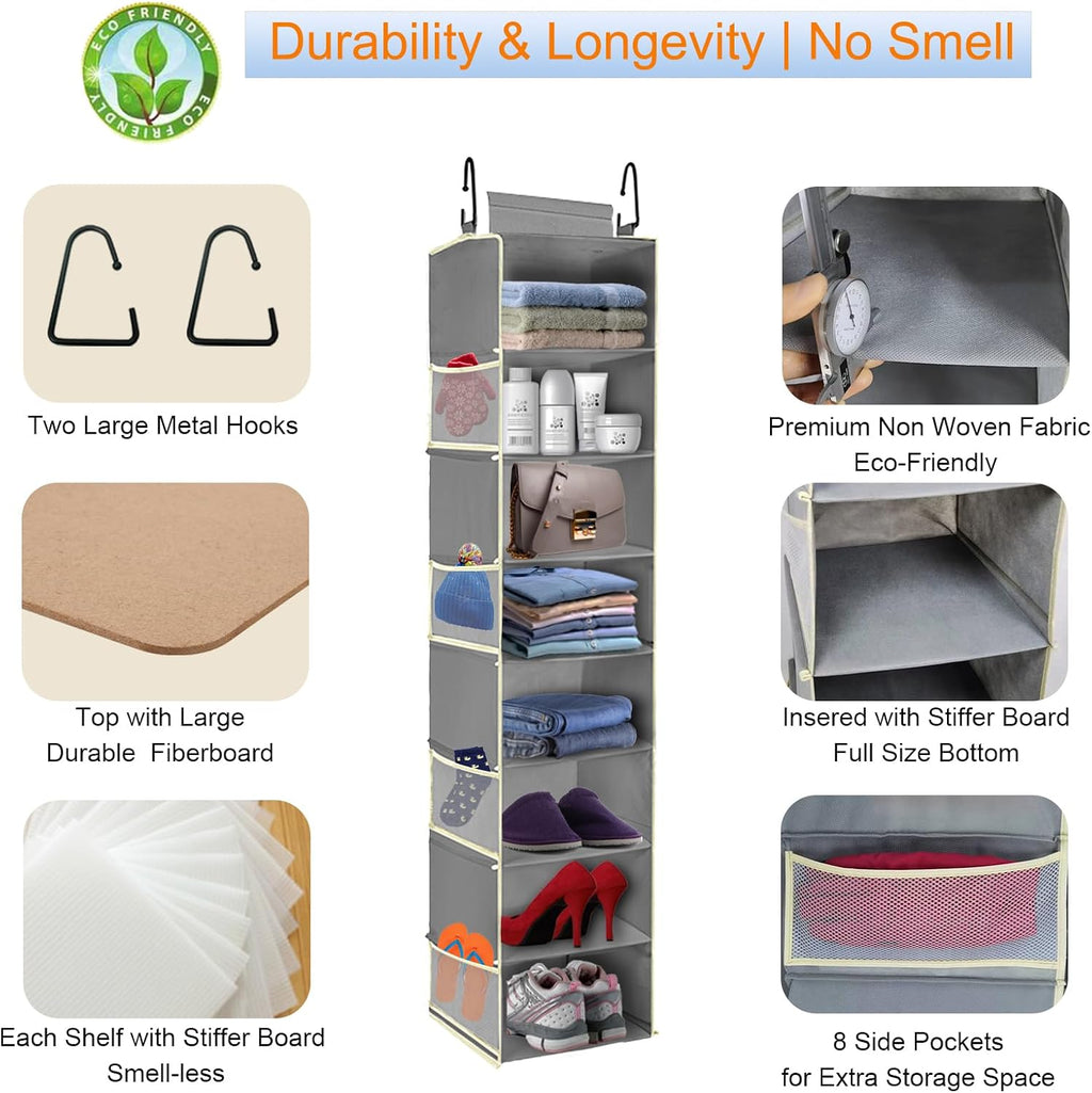 Large-Sized Hanging Shoe Organizer 8-Shelf, Hanging Closet Organizer with 8 Side Pockets, Wider Hanging Shelves for Storage Shoes Clothes 9" W × 11.8" D× 48" H, Grey