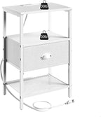 Sthmec Nightstands with Charging Station, LED Bedside Tables with Charging Station and Fabric Drawer, Night Stand with Storage, 3 Tier Side Table with Open Shelf, LED Nightstand Bedside Table,White
