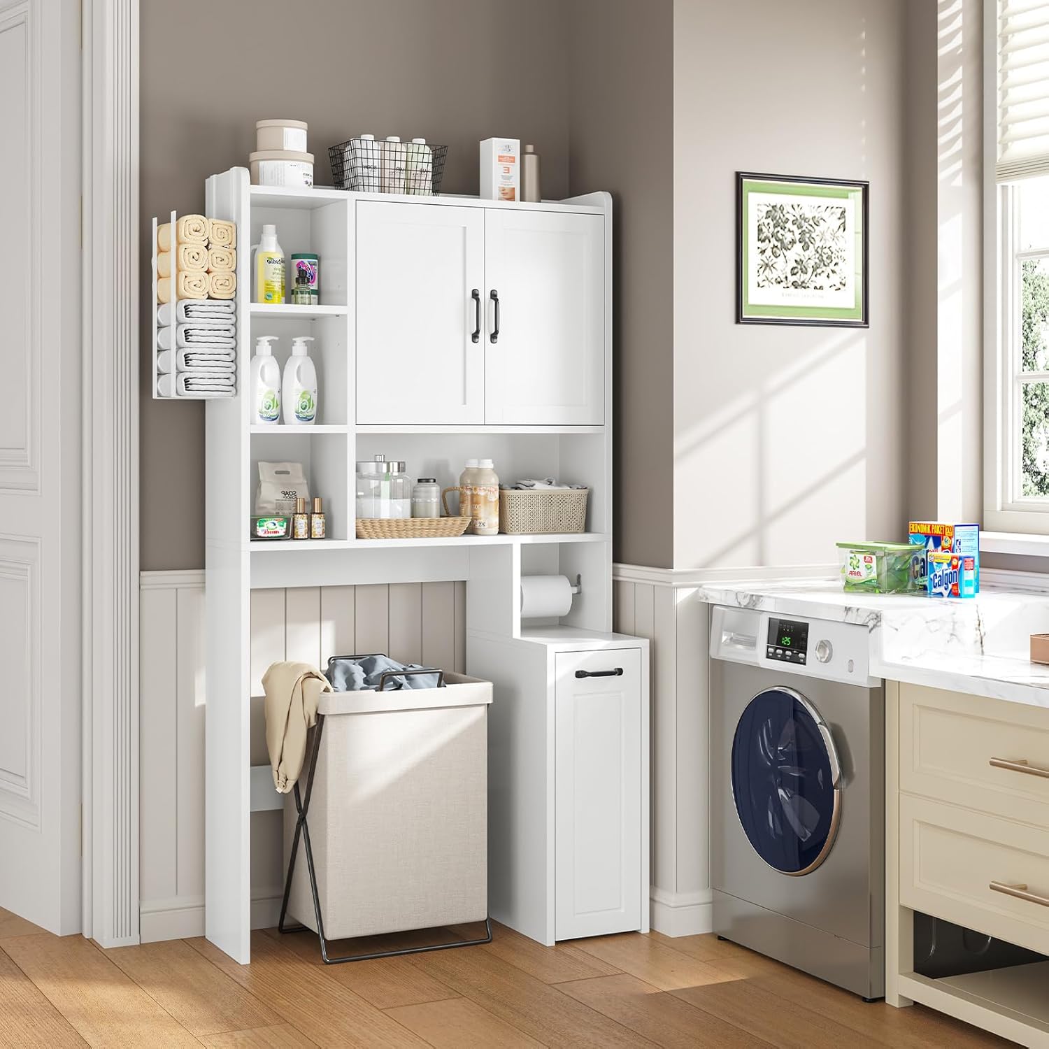 Over The Toilet Storage Cabinet with Pulley, Bathroom Cabinet, Space Saver W/Adjustable Shelf Rack for Bathroom, Restroom, Laundry (White-Type B)