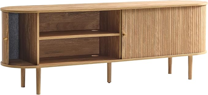 AMERLIFE 70" Mid-Century Modern TV Stand, TV Console Table for TVs up to 80 Inch, Fluted Wood Media Console with Storage, Solid Wood Legs, Natural Oak