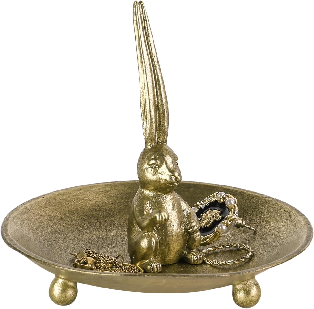 NIKKY HOME Vintage Gold Bunny Ring Holder Jewelry Dish, Easter Decor Rabbit Figurine Decorative Metal Trinket Tray Bowl, Cute Animal Vanity Dresser Accent