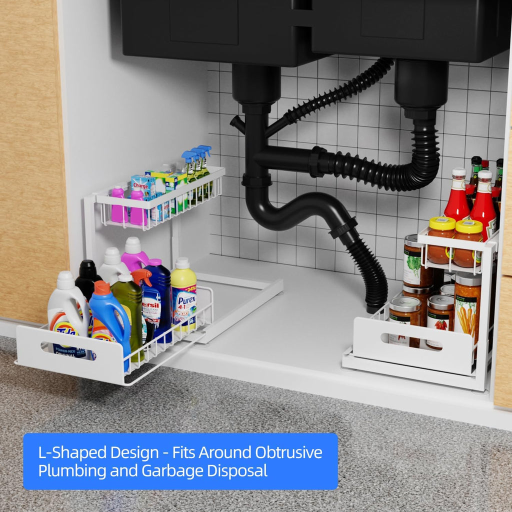 2-Tier Under Sink Slide Out Organizer, 2 Pack Pull Out Cabinet Storage Shelf with Sliding Wire Basket Drawer for Bathroom Kitchen, Countertop or Pantry Shelf, White