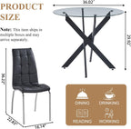 36” Round Glass Dining Table Set for 4, Space-Saving Clear Glass Kitchen Table with Black Metal X Legs and 4 PU Leather Dining Chairs with Silver Legs, Small Dining Set for Apartment & Bistro