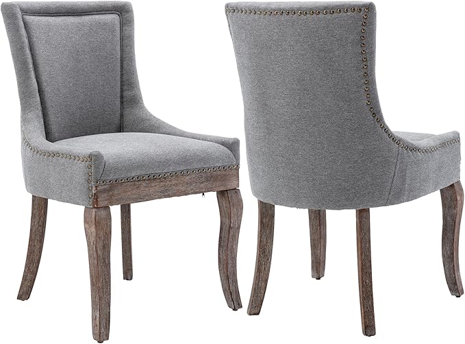 Gray Dining Chairs Set of 2, Kitchen & Dining Room Chairs, Fabric Upholstered Dinning Chairs, Sillas De Comedor, Nailhead Trim, Wood Legs (Grey, 2 Pcs)