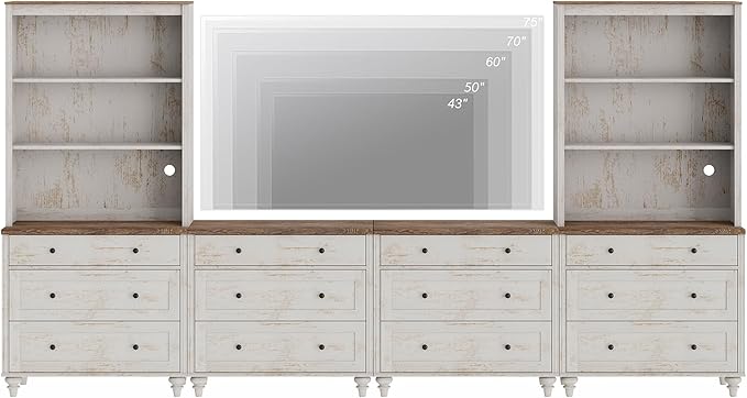 WAMPAT Entertainment Center with Bookshelves for TVs up to 75", Farmhouse Wall Unit TV Stand with Drawers, Media Console Table for Living Room, Bedroom & Home Theater, Rustic White