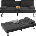 Flamaker Futon Sofa Bed Modern Folding Futon Set Linen Fabric Convertible Recliner Lounge for Living Room with 2 Cup Holders, Removable Armrests (Fabric, Carbon Black)