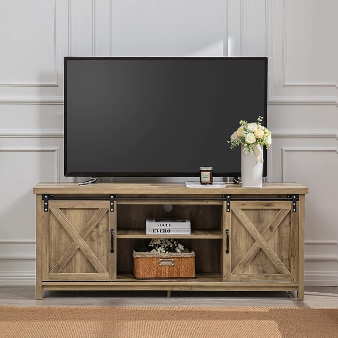 GAZHOME Farmhouse TV Stand with Sliding Barn Doors, Media Entertainment Center Console Table for TVs up to 65”,2-Tier Large Storage Cabinets,Rustic TV Stand for Living Room Bedroom,Light Grey