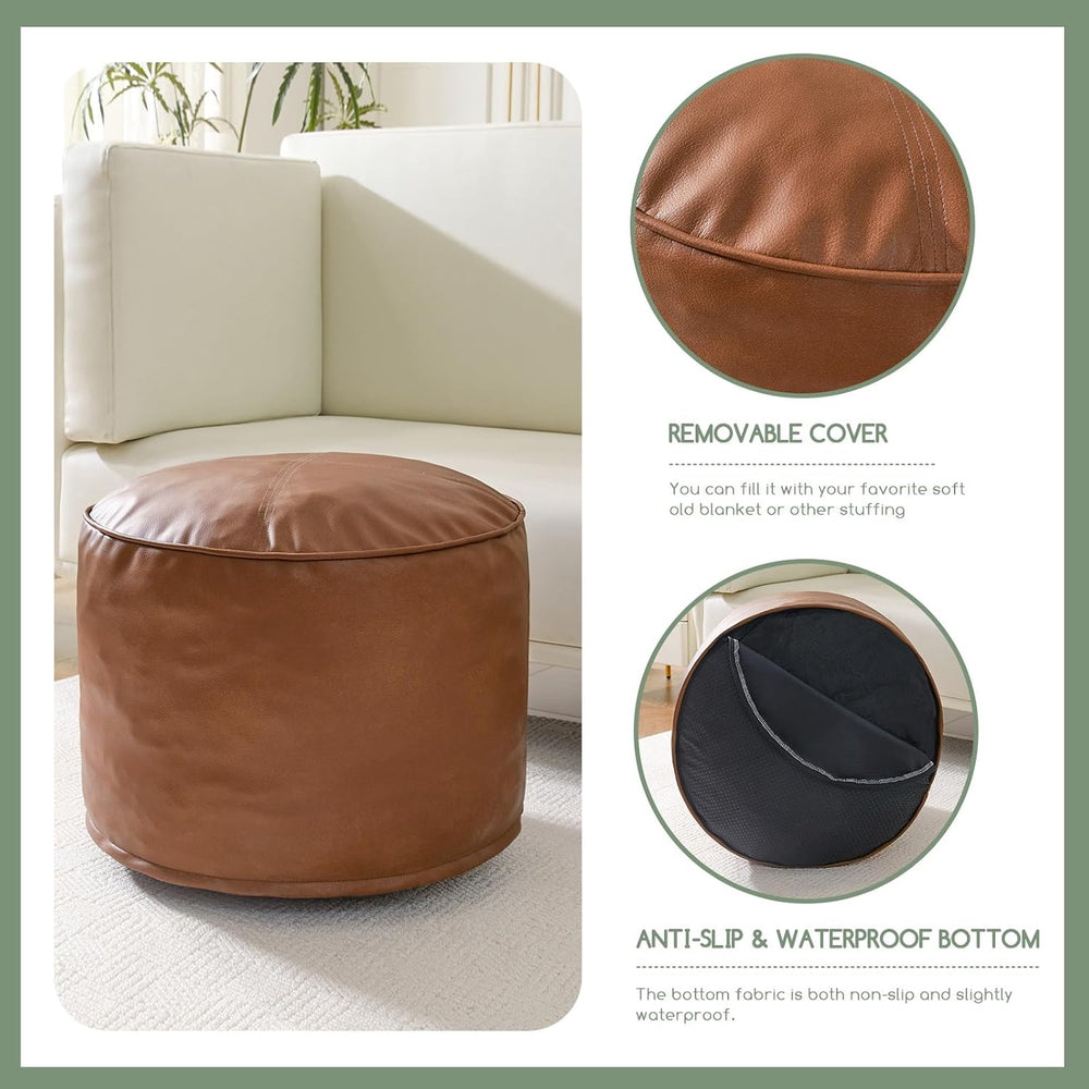 HIGOGOGO Round Stuffed Pouf Ottoman, Pu Leather Poufs with Foam Chunk Filling...