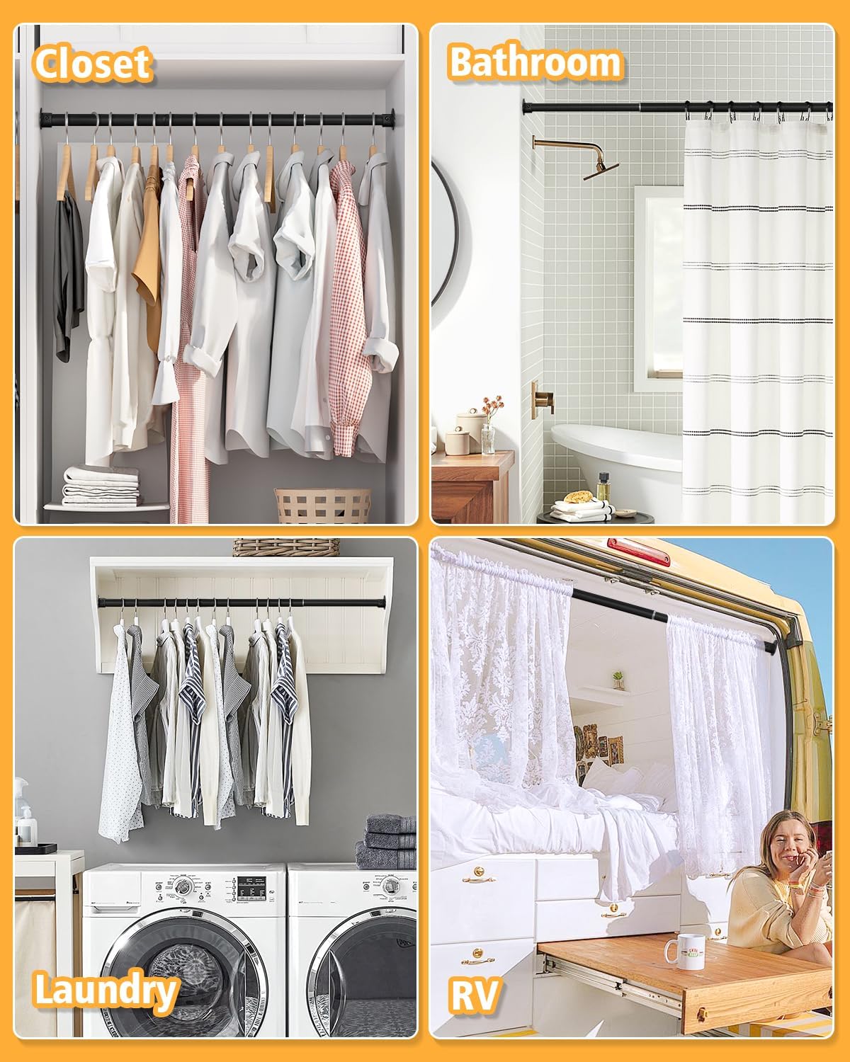 Closet Rod, 17 to 76 Inch Heavy Duty Adjustable Metal Clothing Rack for Hanging Clothes, Closet Poles for Wardrobes, Laundry, Durable Steel, Black
