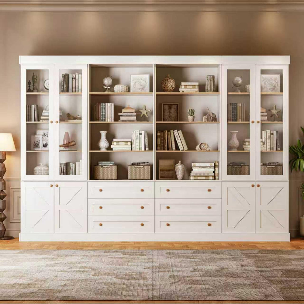 Vyre 71" Tall Farmhouse Bookshelves with Glass Doors and Drawers,Large M...