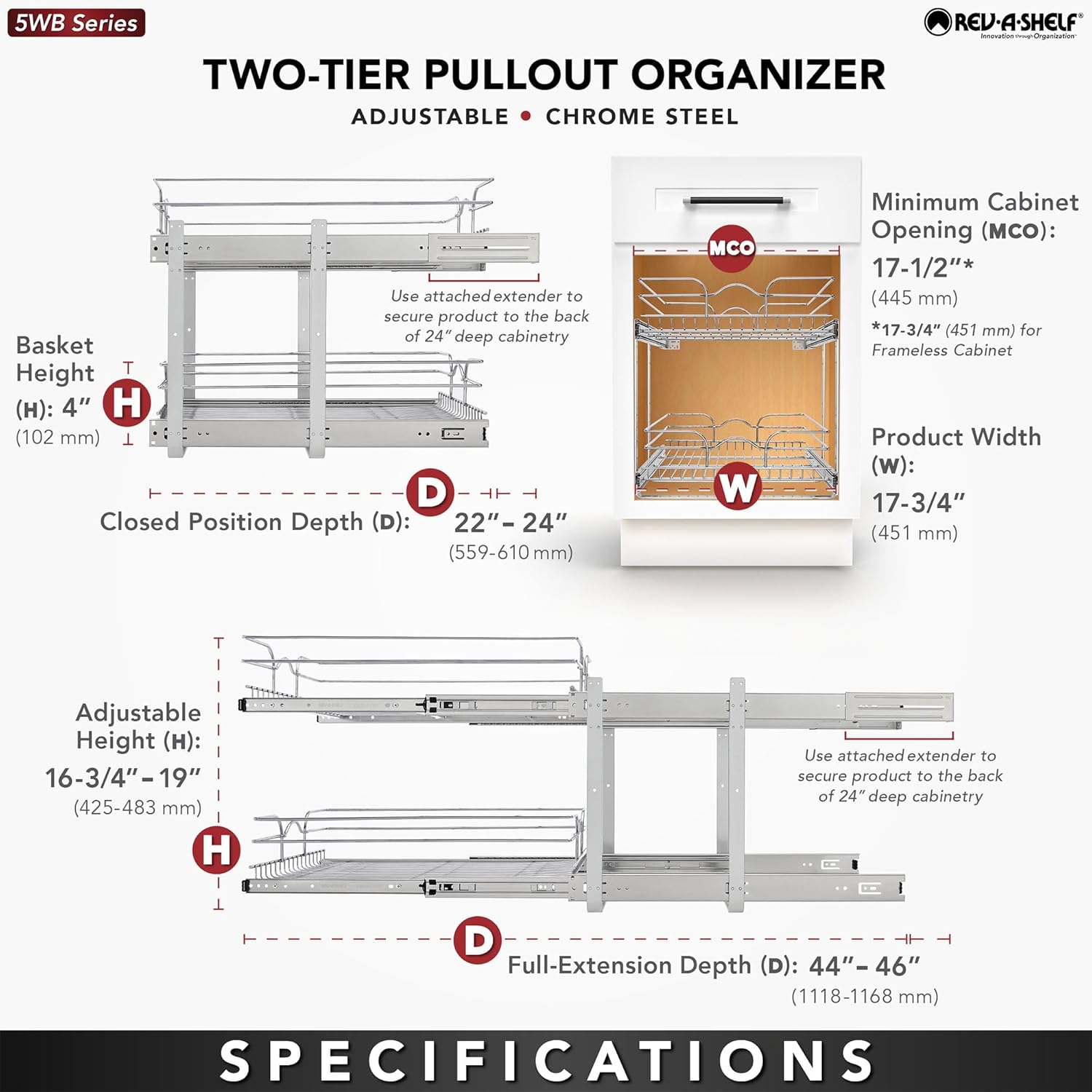 Rev-A-Shelf 2-Tier Kitchen Cabinet Pullout Shelf and Drawer Organizer Slide Out Pantry Storage Basket in Multiple Sizes, 18 x 22 In, 5WB2-1822CR-1