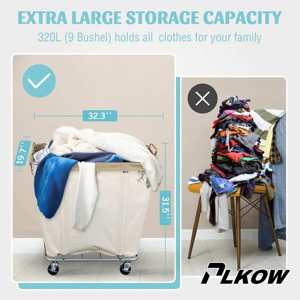 PLKOW Laundry Cart with Wheels 320L Large Rolling Laundry Cart for Commercial/Home, Rolling Laundry Basket with Steel Frame and Waterproof Lining, 9 Bushel, 32.3L x 19.7W x 30.7H Inch, Beige