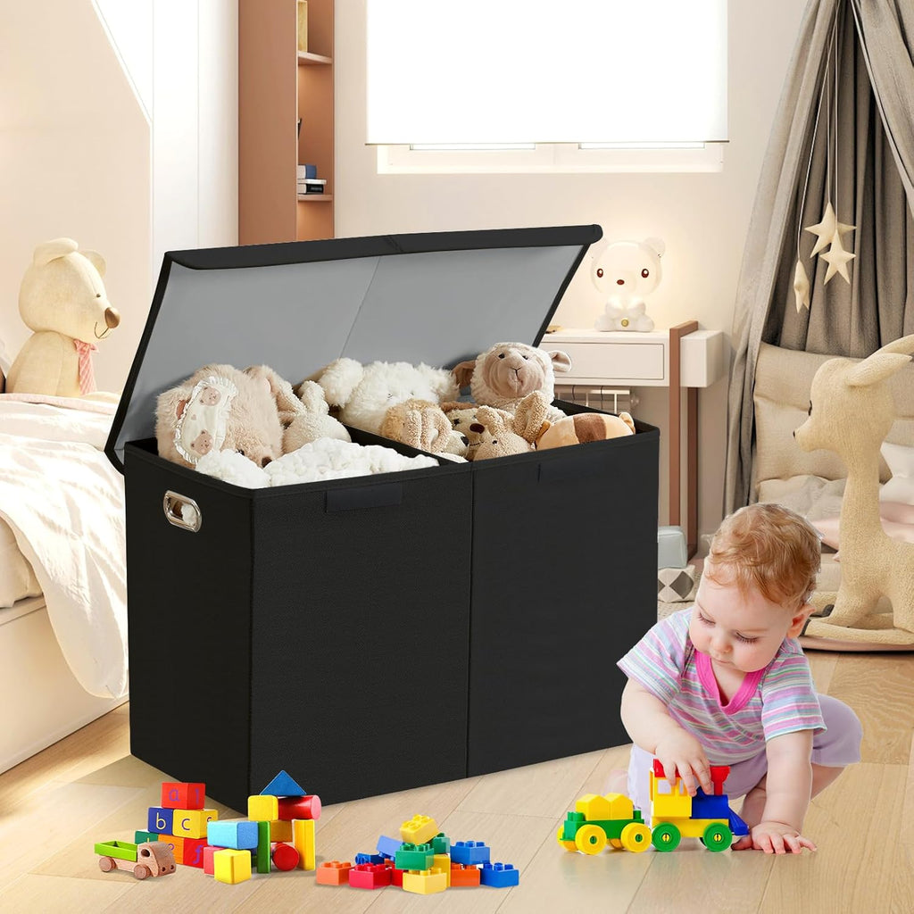 Large Toy Box with Flip-Top Lid, Collapsible Storage Organizer Bins with Dividers and Handles, Kids Bin Chest Baskets for Toys, Playroom Organizers, Nursery 25"x13" x16" (Black)