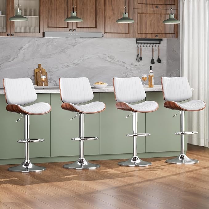 Swivel Bar Stools Set of 1, Adjustable Bentwood Barstools for Kitchen Counter, Modern PU Leather Upholstered Bar Chair with Back and Footrest, for Kitchen Island, Bar, Dining Room, White