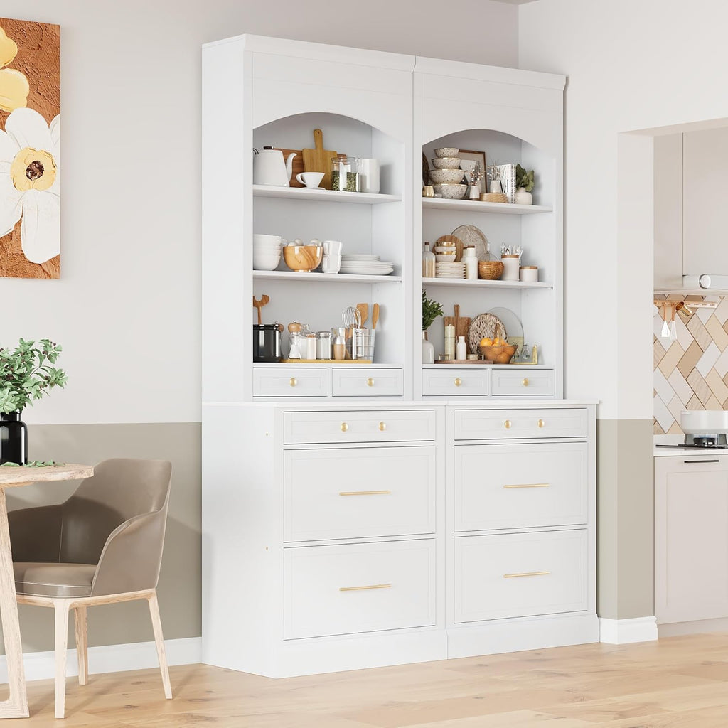 Mirightone 83.7Inch Tall Kitchen Pantry Cabinet, Corner Cabinet with 5 Storage Drawers and Adjustable Shelf, Freestanding Kitchen Pantry with Faux Marble Top, Set of 2, White